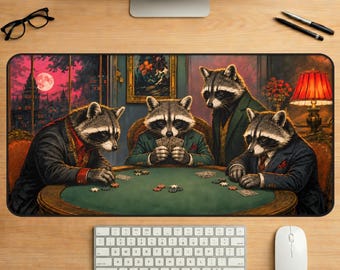 アライグマのポーカーデスクマット、ゴシックカジノアート、ダークファンタジーアニマルゲーミングパッド