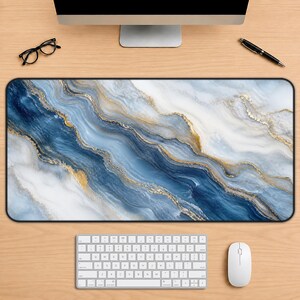 Blue Marble Desk Mat, Navy Gold Agate Surface, Abstract Office Decor, Desktop Protector