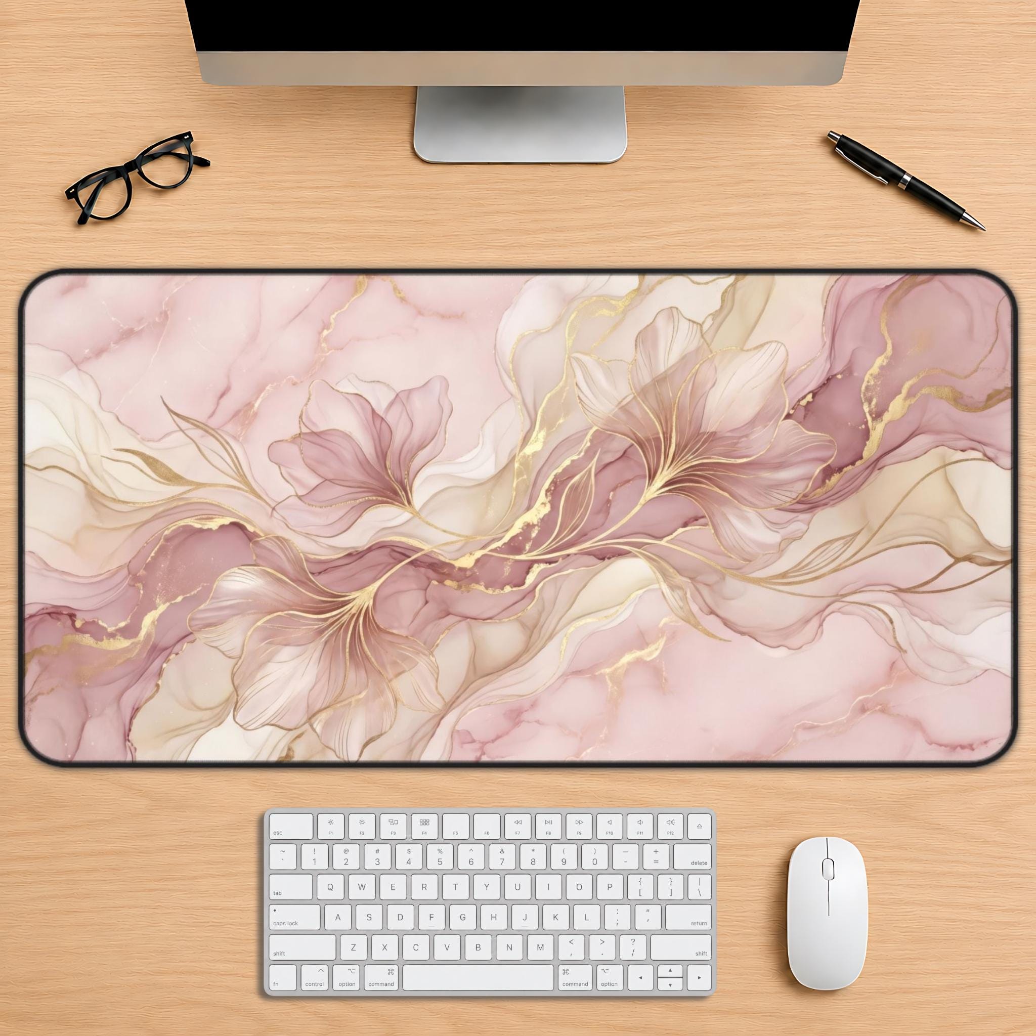 Blush Floral Desk Mat, Rose Gold Marble Keyboard Pad, Pink Abstract Office Decor