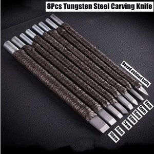 May include: Set of eight tungsten steel carving knives. Each knife has a silver blade and a brown, textured handle. The blades vary in size, with labels indicating measurements from 3mm to 10mm. The text "Round pointed knife" is also visible.