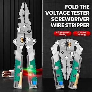 Peut inclure: Un outil multifonction argenté et vert avec le texte "FOLD THE VOLTAGE TESTER SCREWDRIVER WIRE STRIPPER". Il comprend des fonctions de dénudage de fils, de coupe et d'enroulement à quatre trous. Mesures en millimètres.