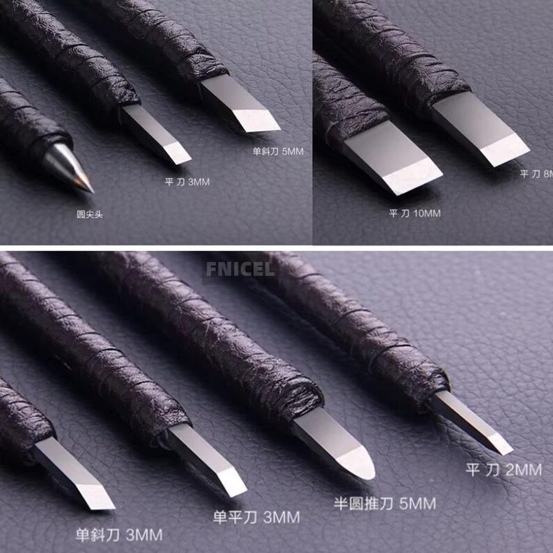 May include: Close-up of a set of wood carving tools with black leather-wrapped handles and silver blades. The tools include flat, angled, and rounded blades, with sizes ranging from 2mm to 10mm. The text "FNICEL" is visible.