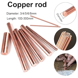 Pode incluir: Uma coleção de varetas de cobre metálico com acabamento castanho-avermelhado. O texto diz Copper rod, Diameter: 3/4/5/6/8mm, Length: 100-300mm. A imagem inclui inserções circulares mostrando uma extremidade de vareta, um feixe e uma vareta.