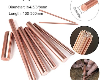 May include: A collection of metallic copper rods with a reddish-brown finish. The text reads Copper rod, Diameter: 3/4/5/6/8mm, Length: 100-300mm. The image includes circular insets showing a single rod end, a bundle of rods, and a rod in use.