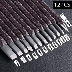May include: A set of 12 chisels with dark brown wrapped handles and silver-colored blades. The blades have various widths, ranging from 2mm to 8mm, and include a round point chisel. The text "12PCS" is visible.