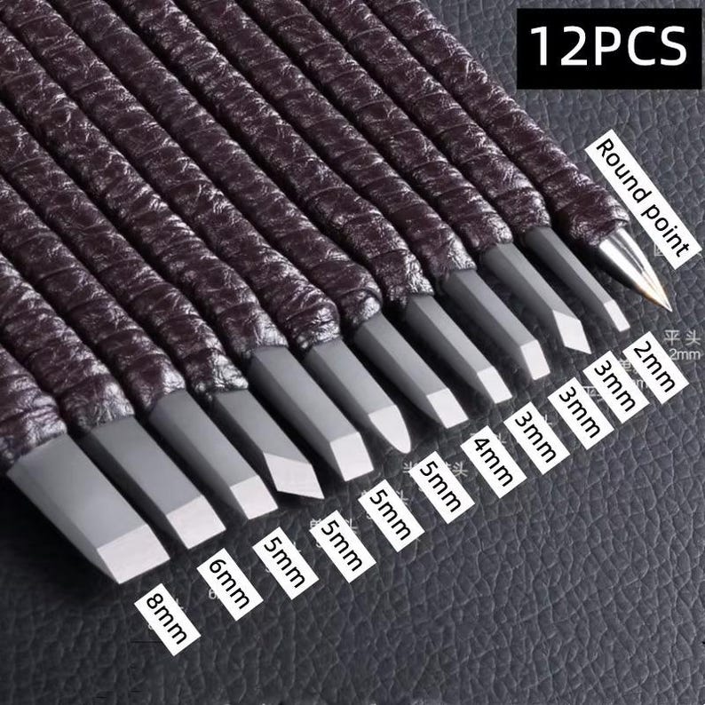 May include: A set of 12 chisels with dark brown wrapped handles and silver-colored blades. The blades have various widths, ranging from 2mm to 8mm, and include a round point chisel. The text "12PCS" is visible.