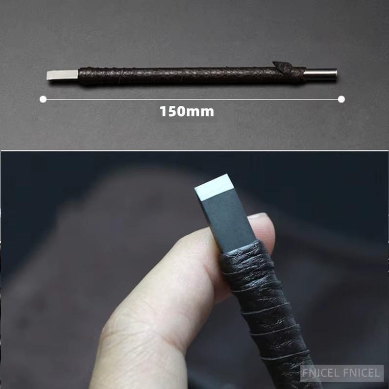 May include: A dark brown leather-wrapped tool with a silver metal blade and end. The tool is approximately 150mm long. The image shows the tool against a dark background, with a close-up of the tool being held.