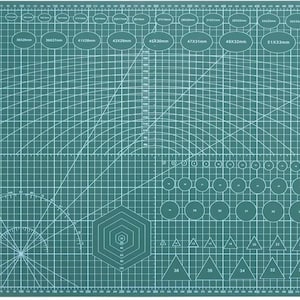 Puede incluir: Una esterilla de corte QJH A2 de color verde azulado con líneas de cuadrícula, marcas de medición y varias formas. La esterilla mide 60 x 45 cm, con guías de corte ovaladas, circulares y triangulares. Incluye texto "QJH A2 Cutting Mat".