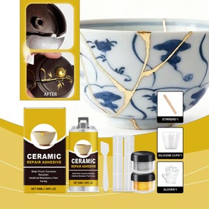 May include: A ceramic repair adhesive kit featuring a 50ml bottle, a yellow box, two small jars of powder, a silicone cup, a wooden stirrer, a plastic spatula, and gloves. The kit includes images of a broken bowl and teapot repaired with gold.