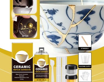 May include: A ceramic repair adhesive kit featuring a 50ml bottle, a yellow box, two small jars of powder, a silicone cup, a wooden stirrer, a plastic spatula, and gloves. The kit includes images of a broken bowl and teapot repaired with gold.