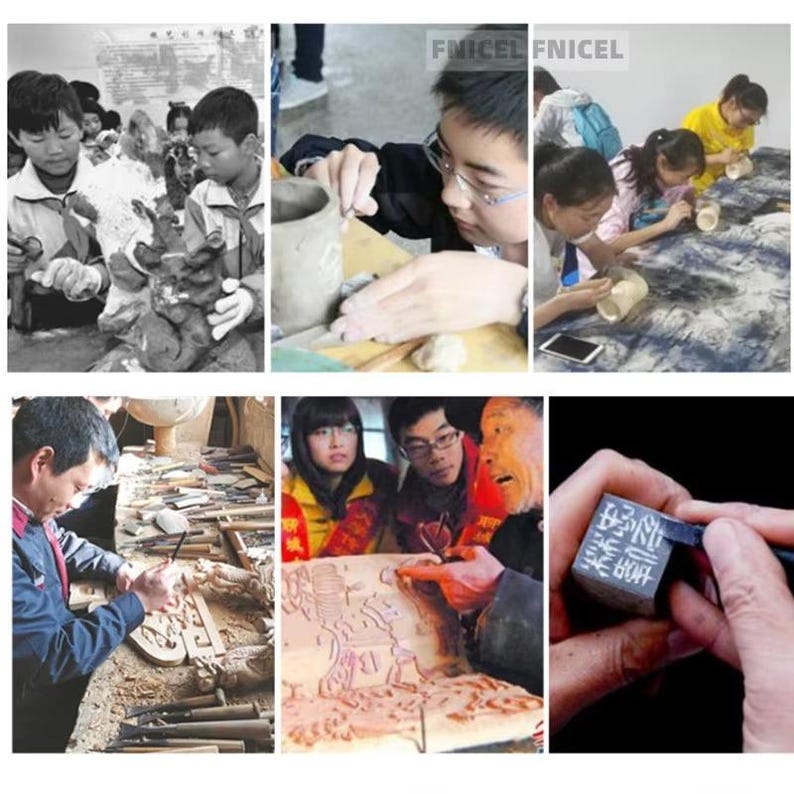 May include: A collage of images showing people engaged in various art and craft activities. Scenes include sculpting clay, carving wood, and working with stone, showcasing the process of creation and artistic skill.