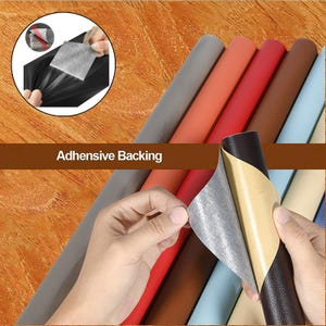 May include: A collection of multi-colored faux leather rolls featuring an adhesive backing. The rolls are displayed in shades of gray, orange, red, brown, light blue, and beige. A circular inset shows a black roll with a peelable backing layer.