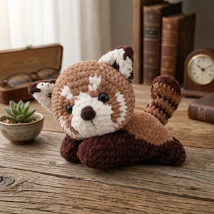 May include: A crocheted red panda toy in shades of brown, white, and dark brown. The plush animal has black safety eyes and a small brown nose. The toy is lying down on a wooden surface.