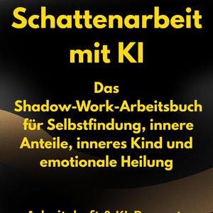 Könnte beinhalten: Ein Buchcover mit dem Titel "Schattenarbeit mit KI" in gelbem Text auf schwarzem Hintergrund. Der Text darunter lautet "Shadow-Work-Arbeitsbuch für Selbstfindung, innere Anteile, inneres Kind und emotionale Heilung."