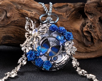 Collana con orologio da tasca a forma di farfalla blu, realizzata a mano, orologio con ciondolo a rosa gotico vintage, gioielli steampunk a forma di farfalla, regalo unico per lei,