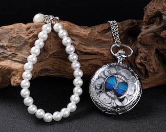 Handmade Blue Morpho Butterfly Pocket Watch & Pearl Bracelet Set, Vintage Silver Steampunk Watch, Elegant Bridal Gift, Unique Anniversary