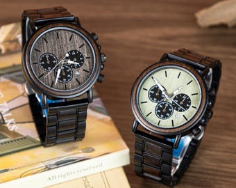 Reloj de madera con cronógrafo grabado a medida para hombre, reloj de pulsera de ébano personalizado hecho a mano, reloj con múltiples esferas, regalo de aniversario o del Día del Padre.