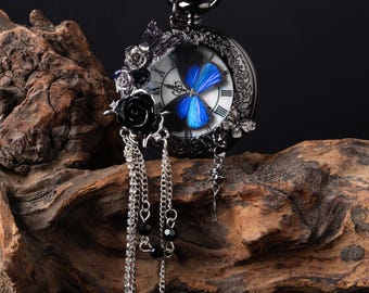Montre de poche gothique faite main, bijoux papillon bleu véritable, montre à pendentif rose noire vintage personnalisée, montre de poche personnalisée