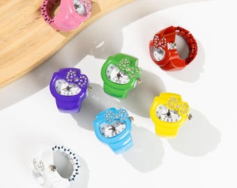 Hello Kitty Ring Watch Gift,Cute Rhinestone Bow Finger Watch,Adjustable Band,Thoughtful Gift for Teens/Kids,Kawaii Jewelry,Mini Quartz Watch
