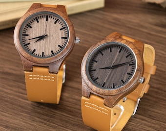 Reloj de madera natural grabado a medida para hombre, reloj de pulsera con correa de cuero personalizada, reloj minimalista hecho a mano, regalo de aniversario para esposo, novio o padre.