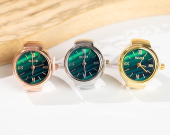 VintageMalachiteStilRingUhr,WinzigeAnalogFingeruhr,elegantRömischZiffernblatt,verstellbarer StretchRingLuxusÄsthetischerSchmuckChicAlltagsuhr