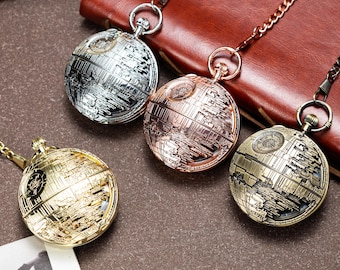 Retro Engraved Sci-Fi Death Star Musical Pocket Watch, Music Box Pocket Watch, Novelty Collectible Gift for Movie Fans & Him