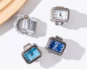 Reloj de anillo de estilo retro, apto tanto para hombres como para mujeres. Reloj de cuarzo retro con correa ajustable. Accesorio único de estilo steampunk con esfera cuadrada.