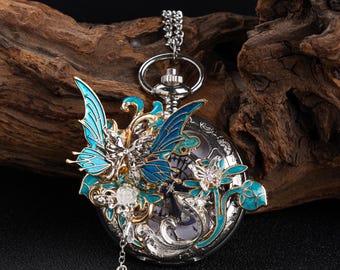 Jeweled Butterfly & Sapphire Floral Pocket Watch - Crystal and Pendant Adorned, Natural Wings, Electronic Gothic HeirloomMother's Day gift