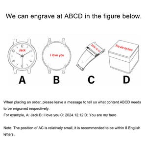Puede incluir: Diagrama que muestra opciones de grabado para un reloj. Incluye una esfera con "Jack", una parte trasera con "I love you", una correa con "2024.12.12" y una caja con "You are my hero". Texto explica las instrucciones de grabado.