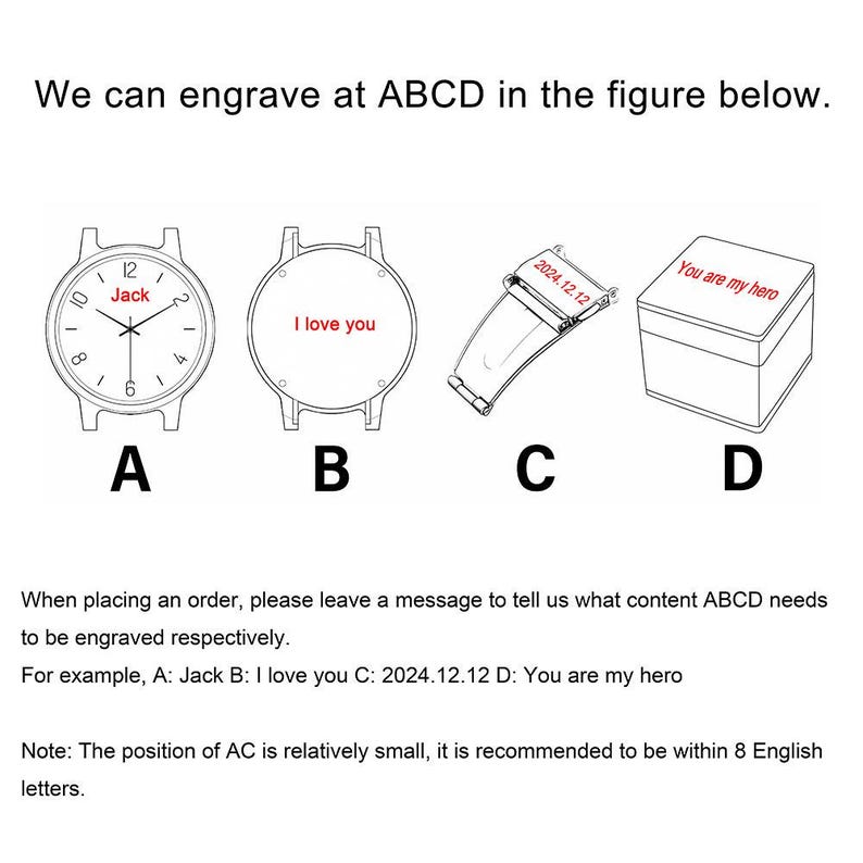 Puede incluir: Diagrama que muestra opciones de grabado para un reloj. Incluye una esfera con "Jack", una parte trasera con "I love you", una correa con "2024.12.12" y una caja con "You are my hero". Texto explica las instrucciones de grabado.