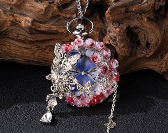 One Of A Kind Handmade Pocket Watch With Real Butterfly Specimen, Pink Rose Floral Fairy Necklace, Vintage Romantic Art Jewelry
