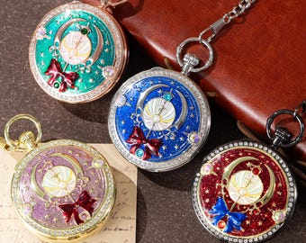 Reloj de bolsillo musical personalizado, reloj de bolsillo con foto de luna personalizado, reloj de caja de música de anime vintage, regalo de chica mágica para ella.