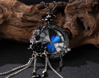 Reloj de bolsillo gótico hecho a mano, joyería de mariposa azul auténtica, reloj colgante vintage personalizado de rosa negra