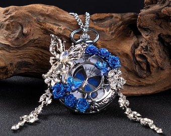 Handmade Blue Butterfly Specimen Pocket Watch Necklace, Vintage Gothic Rose Pendant Watch, Steampunk Butterfly Jewelry, Unique Gift for Her,
