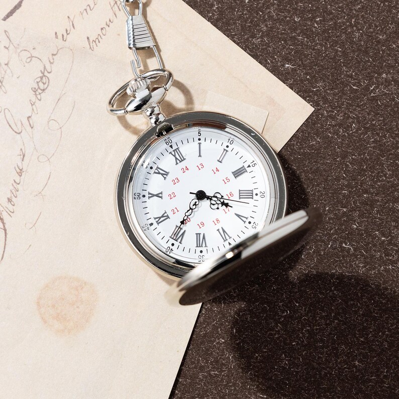 Puede incluir: Un reloj de bolsillo plateado con esfera blanca, manecillas negras y n&uacute;meros romanos. El reloj est&aacute; parcialmente abierto, revelando la hora. Tiene una cadena y est&aacute; sobre un fondo de papel vintage.