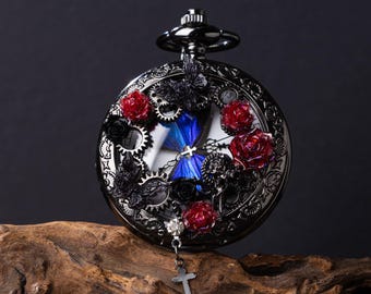 Collana con orologio da tasca a forma di farfalla blu, realizzata a mano, orologio con ciondolo a rosa gotico vintage, gioielli steampunk a forma di farfalla, regalo unico per lei,