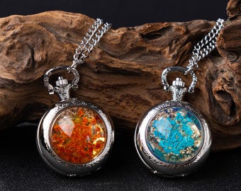 Echte erhaltene Blumen Taschenuhr Halskette, handgefertigte Resin Dome Vintage Uhr, wunderlicher Blumenfee Anhänger, Geburtstagsgeschenk für Frauen