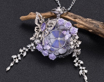 Handgemachte Lila Schmetterling Specimen Taschenuhr | Gothic Blumen Steampunk Halskette | Skurriles Witchy Schmuck Geschenk
