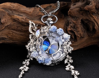 Personalized Butterfly Pocket Watch Necklace, Handmade Preserved Flower Watch, Custom Gothic Jewelry Gift for Her