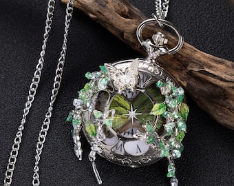 Echte grüne Schmetterlingsflügel Taschenuhr-Halskette, handgefertigter silberner Zeitmesser, Wunderwald-Anhänger, Geburtstagsgeschenk für Frauen