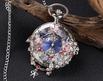 Handgemachte lila Morpho Schmetterling Taschenuhr, Rosa Rose Schleife Kristall Vintage Halskette, Romantischer Silber Schmuck, Einzigartiges Geschenk für Sie