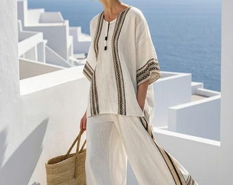 Bohemian-style linen two-piece set, Greek island-style summer set, striped loungewear, vacation beach set