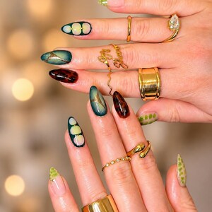Earthy Green Abstract Press On Nails, Olive Swirl Tortoise Shell Almond Shape