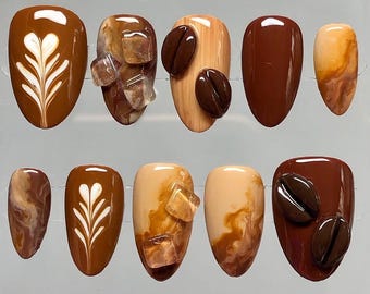Mocha Marble Coffee Bean Press On Nails, Glossy Almond Fake Nails