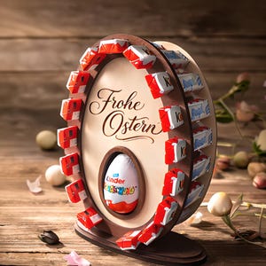 May include: A wooden Easter egg-shaped display with the words "Frohe Ostern" and Kinder Surprise eggs. The display has a Ferris wheel design with red and white wrapped candies. The background is a wooden surface.