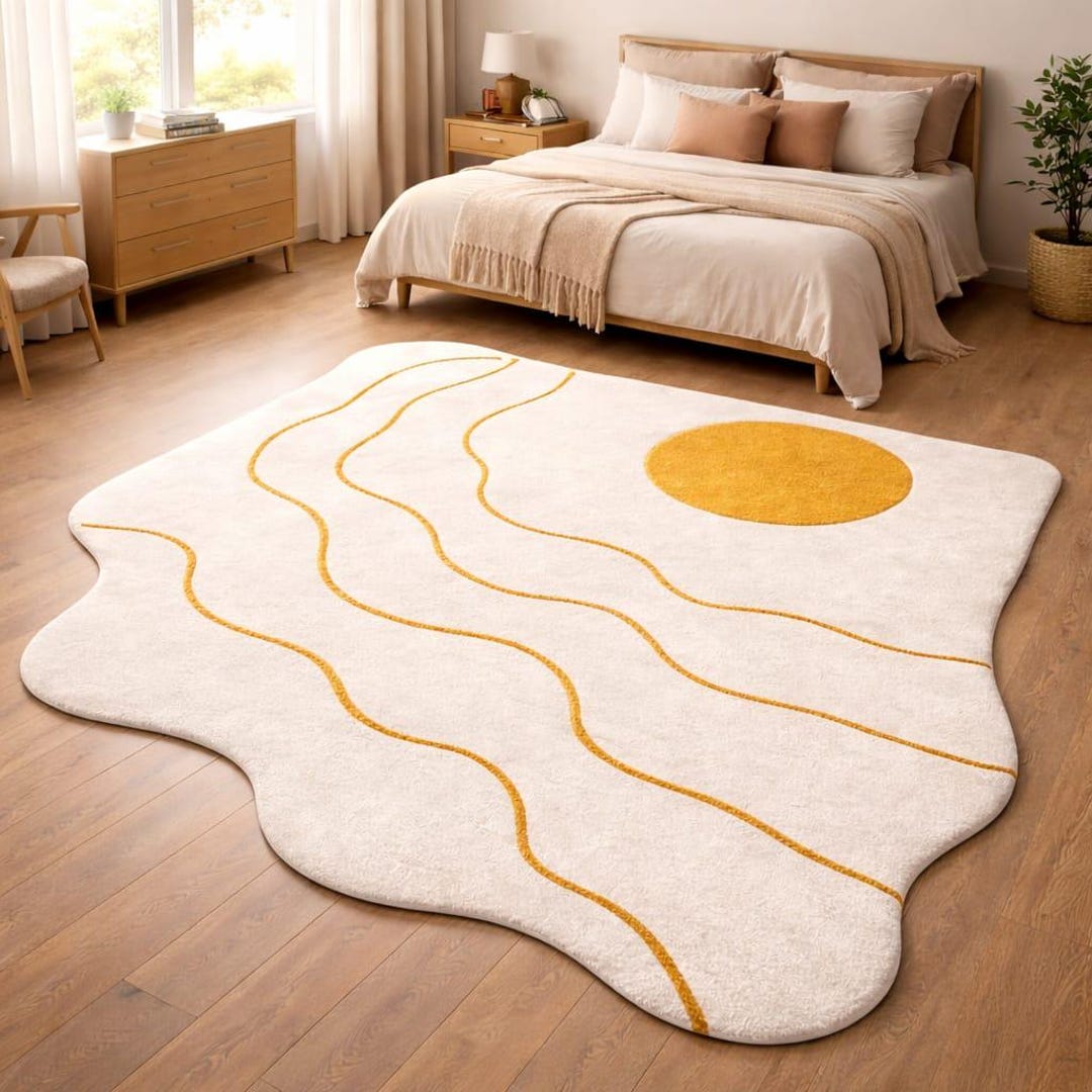 Modern Sun Rug Abstract Sun Area Rug, Cream & Mustard Wavy Lines, Organic Shape - Etsy