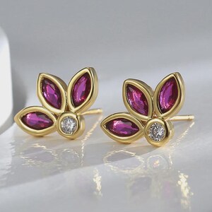 Ruby Marquise Cut Floral Stud Earrings in Brass Gold Plated Cluster Leaf Design Dainty July Birthstone Jewelry Mother's Day Gift for Mom