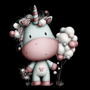 Könnte beinhalten: Eine skurrile Illustration eines Einhorns mit hellblauem Körper, rosa Schnauze und gestreiftem Horn. Das Einhorn hält eine Ansammlung rosa und weißer Kugeln und trägt einen hellblauen Strampler mit einer rosa Schleife. Der Hintergrund ist schwarz.