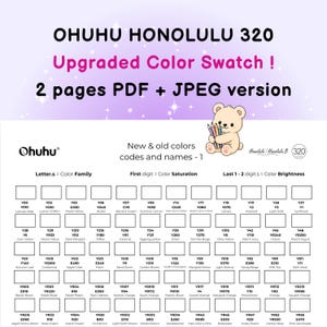 Op de afbeelding: Een kleurenpalet voor Ohuhu Honolulu 320 markers, met een berenillustratie. De kaart bevat kleurcodes, namen en een gids voor kleurverzadiging en helderheid.