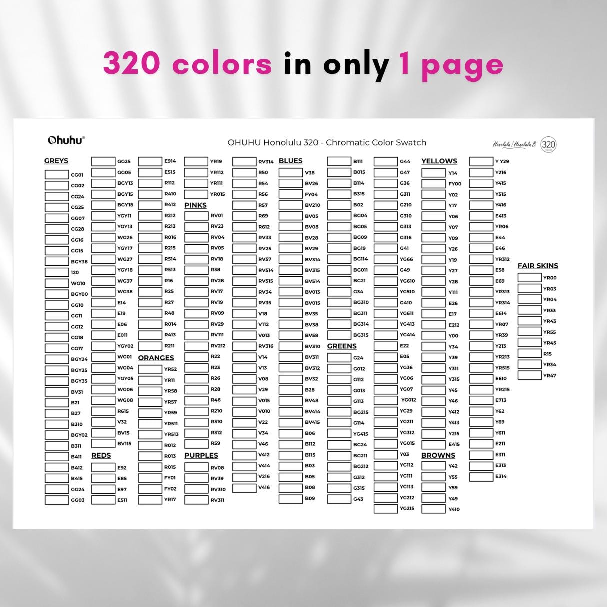 320 Color Chart Ohuhu 320 Chromatic Color Swatch | Ohuhu 320 Marker Color Swatch ...